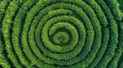 Aerial View of a Circular Maze Design in Lush Green Field