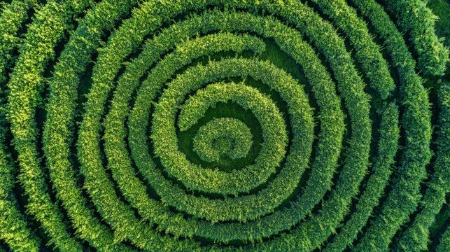 Aerial View of a Circular Maze Design in Lush Green Field