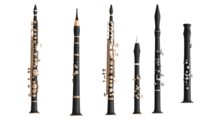 Collection of various woodwind instruments displayed together in a studio setting showcasing their design and craftsmanship