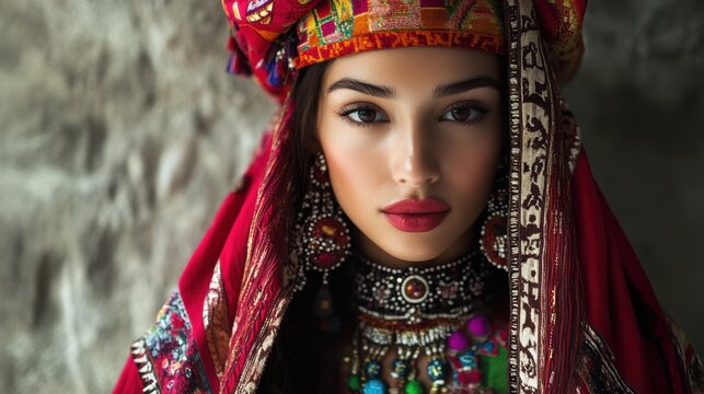 Woman in traditional attire adorned with vibrant jewelry and headpiece