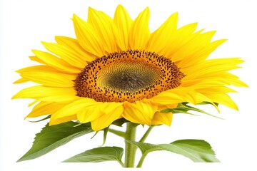 Obraz premium A vibrant sunflower with yellow petals and a dark center against a white background.