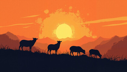 Fototapeta premium Sheep grazing against sunset backdrop in open plains, tranquil beauty