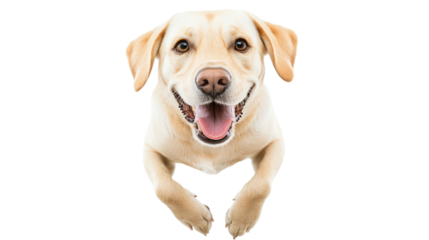 Happy labrador retriever jumping with joy against a white background in a playful moment,cut out 