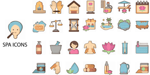 SPA simple concept 24 colour icons set. Contains such shower, hot, flower, water. Vector illustration.