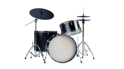 Drum set positioned against a white backdrop ready for performance or practice session in a music studio,cut out 