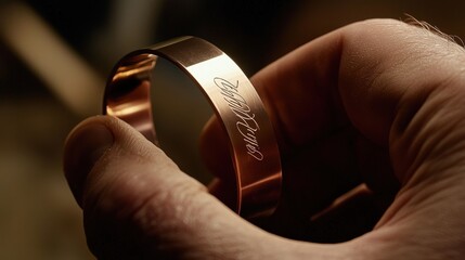 Intricate Gold Wedding Band with Engraved Initials Under Warm Lighting