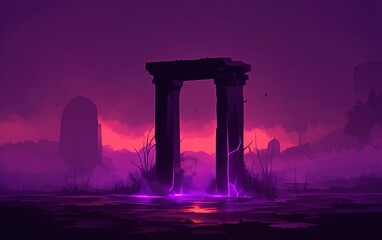 Ancient ruins with glowing purple light surrounded by mist at sunset, evoking a sense of mystery and intrigue.