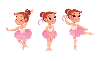 Cute Girl Ballerina in Tutu Skirt and Pointe Shoes Dancing Ballet Vector Set