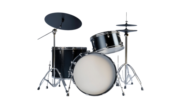 Drum set positioned against a white backdrop ready for performance or practice session in a music studio,cut out 