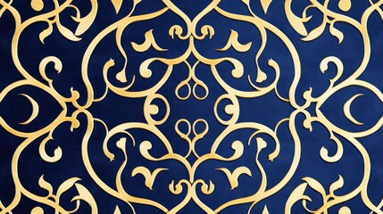 A rich blue background adorned with intricate golden floral and geometric patterns, creating an elegant and luxurious decorative design.