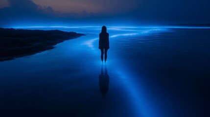 Silhouetted figure walks along bioluminescent beach at night