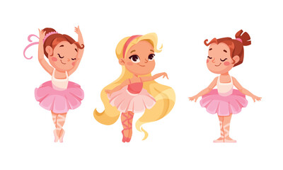 Cute Girl Ballerina in Tutu Skirt and Pointe Shoes Dancing Ballet Vector Set