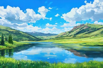 Fototapeta premium Serene mountain lake landscape under a vibrant blue sky with fluffy white clouds, reflecting the scenery perfectly. Lush green hills and grasslands surround a calm lake.