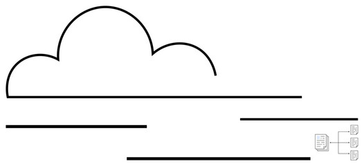 Outline of a cloud connects to documents and folders, symbolizing digital storage, networking, and collaboration. Ideal for data management, cloud technology, teamwork, file sharing, IT solutions