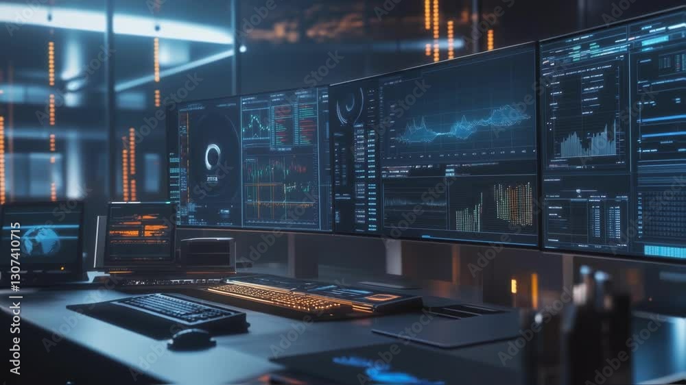 Poster multiple computer screens display complex data visualizations and graphics, suggesting a high tech e