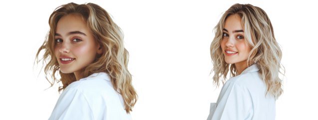 The picture features a female scientist with an air of confidence, wearing a white lab coat, on a transparent background