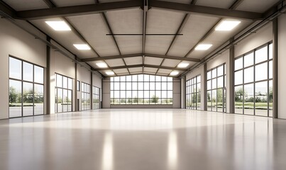 Fototapeta premium Spacious, modern interior with large windows and a polished floor, ideal for events or commercial use.