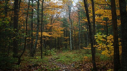 Fototapeta premium A forest path surrounded by trees with autumn colored leaves