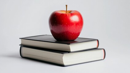 Red apple atop books, simple studio shot