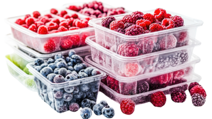 Frozen berries in plastic containers arranged on a white background showcasing vibrant colors and various types for easy selection