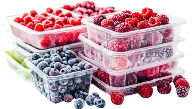 Frozen berries in plastic containers arranged on a white background showcasing vibrant colors and various types for easy selection