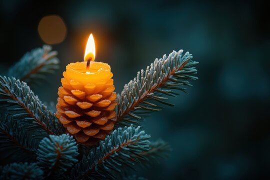 Pinecone candle aglow nestled among frosted evergreen branches casting a gentle light against the winter's dusk A cozy winter scene