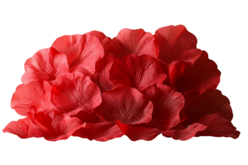 Delicate red petals from exotic tropical flowers are seen floating gently in the air, a lovely example of isolated floral levitation on a transparent background