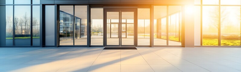 Fototapeta premium Modern glass entrance with sunlight streaming in, showcasing a bright and inviting atmosphere.