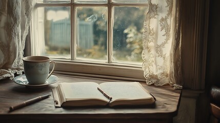 there is a cup of coffee and a book on a table