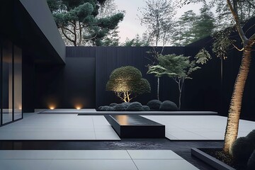 there is a black wall with a tree and a bench in the middle