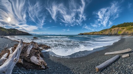 Dramatic Coastal Landscape with Rocky Shore and Driftwood