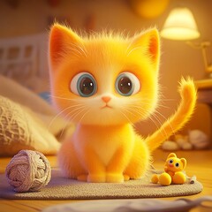 there is a cat that is sitting on the floor with a ball of yarn