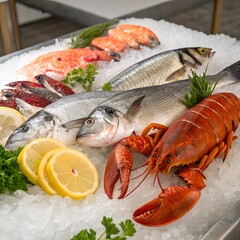 Fresh seafood assortment on ice with fish and lobster. Vibrant display for culinary or seafood stock photos. High-quality image perfect for market, restaurant, or culinary use. AI 