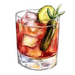 there is a glass of alcohol with a pickle and ice