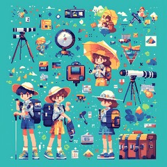 there are two people with cameras and a camera on a blue background