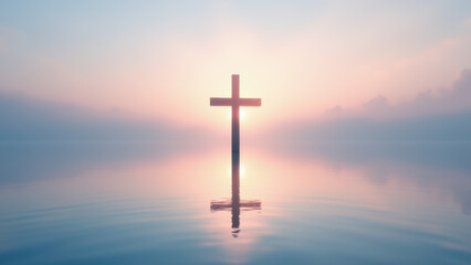 Silhouette of a cross at sunrise on a reflective water surface, with clouds and sky forming an ethereal backdrop, evoking spirituality.