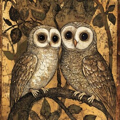 there are two owls sitting on a branch of a tree