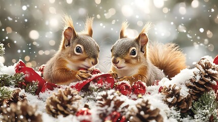 there are two squirrels sitting on a pile of pine cones