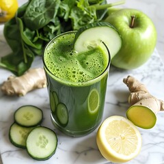 there is a glass of green juice with cucumbers and lemons