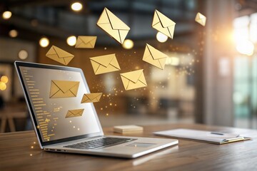 Digital Communication Flow: A laptop computer is the center of attention as floating email envelope illustrations visually convey the concept of digital communication, notifications, information.