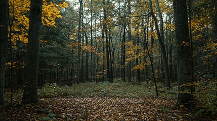 Obraz premium A peaceful forest clearing shows autumn foliage on many trees