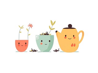 there are three pots with plants in them and a teapot with a face