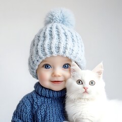 there is a baby and a cat that are wearing hats