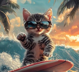 there is a cat that is riding a surfboard on the water