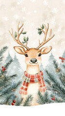 there is a deer with a scarf and holly leaves on it