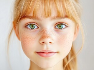 A close-up portrait of a young girl with freckles and bright green eyes, smiling softly.