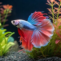 Obraz premium Transparent PNG available The image shows a beautiful betta fish with vibrant colors. It has a long, flowing tail and is surrounded by colorful plants.