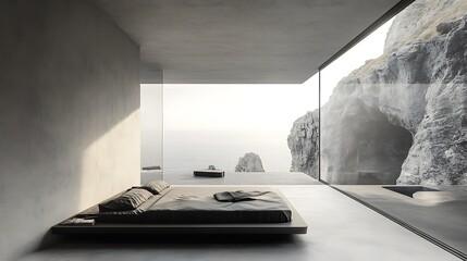 there is a bed that is in a room with a view of the ocean
