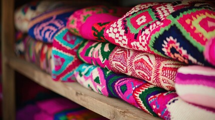 Handwoven Textiles Stacked with Bold Patterns in Vibrant Hues