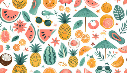 Pixel Art Summer Fruit Pattern: Pineapple, Watermelon, and Orange Slices